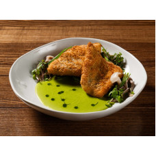 Хрусткий окунь з грибами енокі та соусом з горошку 330 г